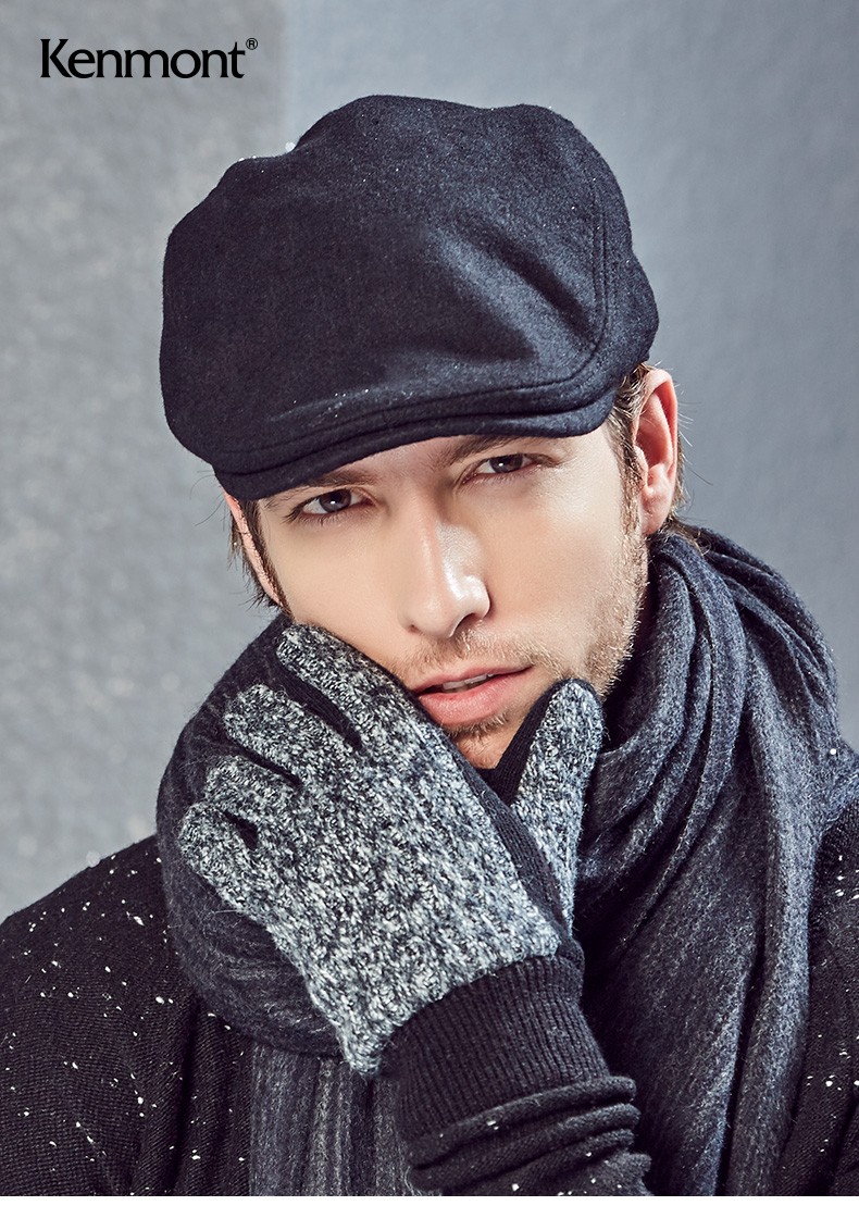 卡蒙(kenmont)帽子男毛呢保暖前进帽户外休闲英伦复古贝雷帽男士冬天