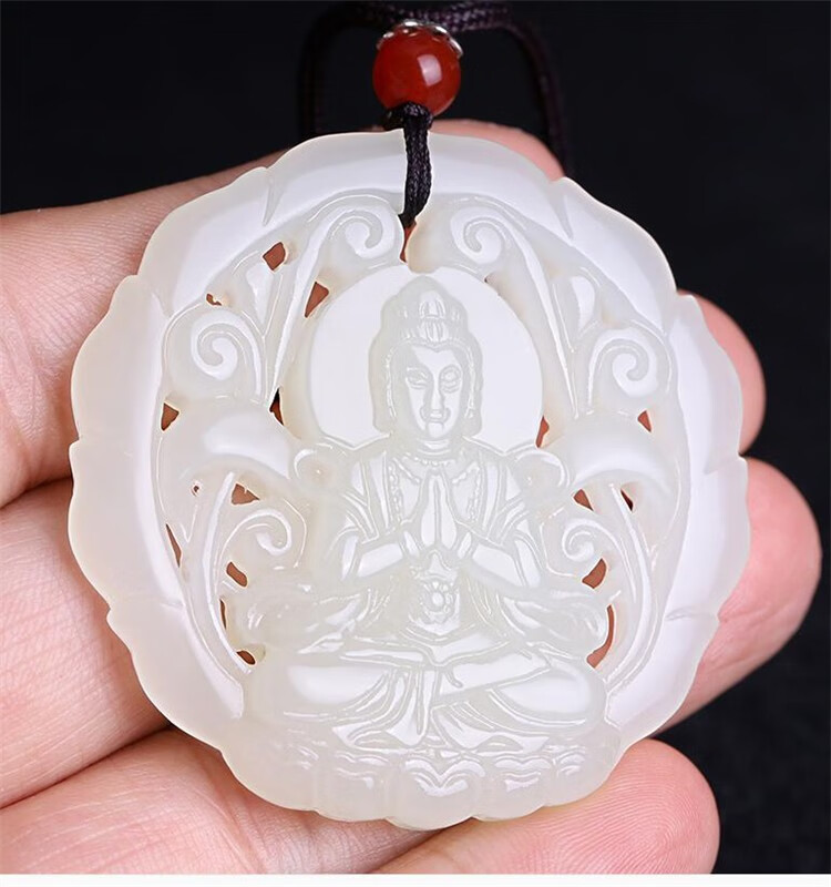 万年一玉 和田玉镂空观音吊坠男女玉石圆形坐莲花观音菩萨佛像挂件