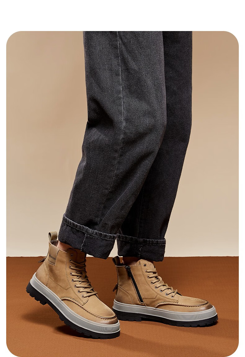 harson哈森男鞋英伦风复古马丁靴男厚底百搭工装鞋男士机车短靴 卡其