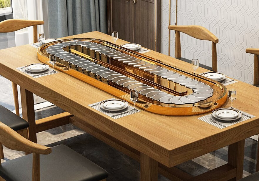 汇璟木业 椭圆自动传菜转盘 长方形电动餐桌传送带 长桌转盘长条桌