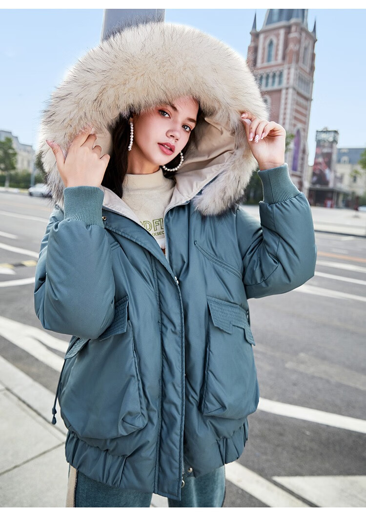 品牌派克羽绒服女2020冬装新款时尚白鸭绒刺绣连帽大毛领外套 森林绿