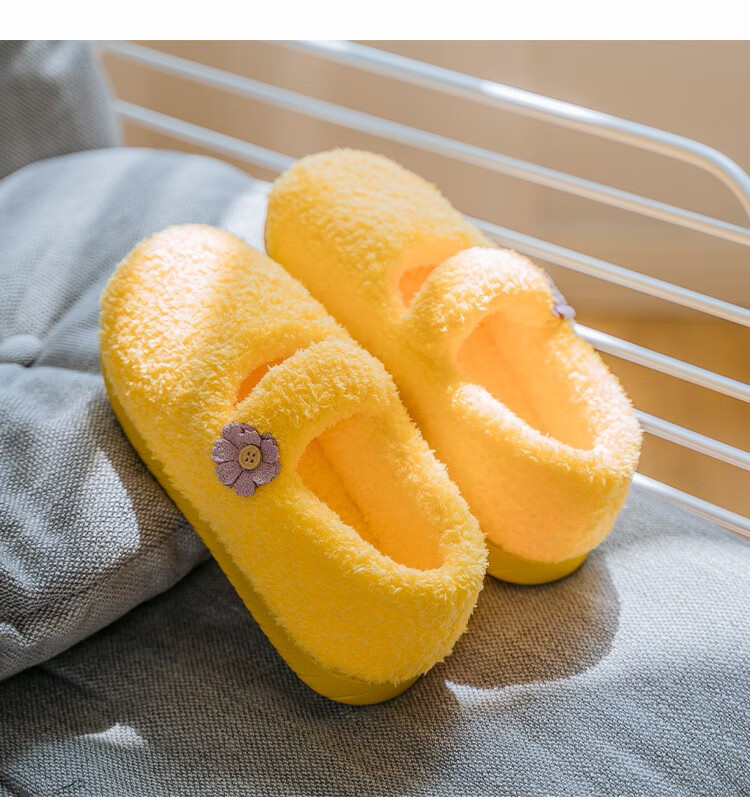 棉拖鞋秋冬包跟加绒保暖月子鞋厚底室内家居家用鞋软底防滑拖鞋女黄色
