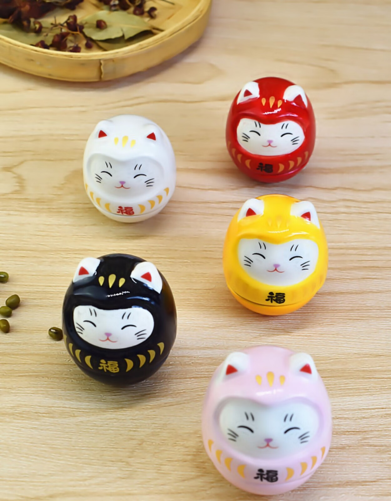 创意日式不倒翁摆件陶瓷猫咪桌面装饰礼品迷你房间摆设三款一套