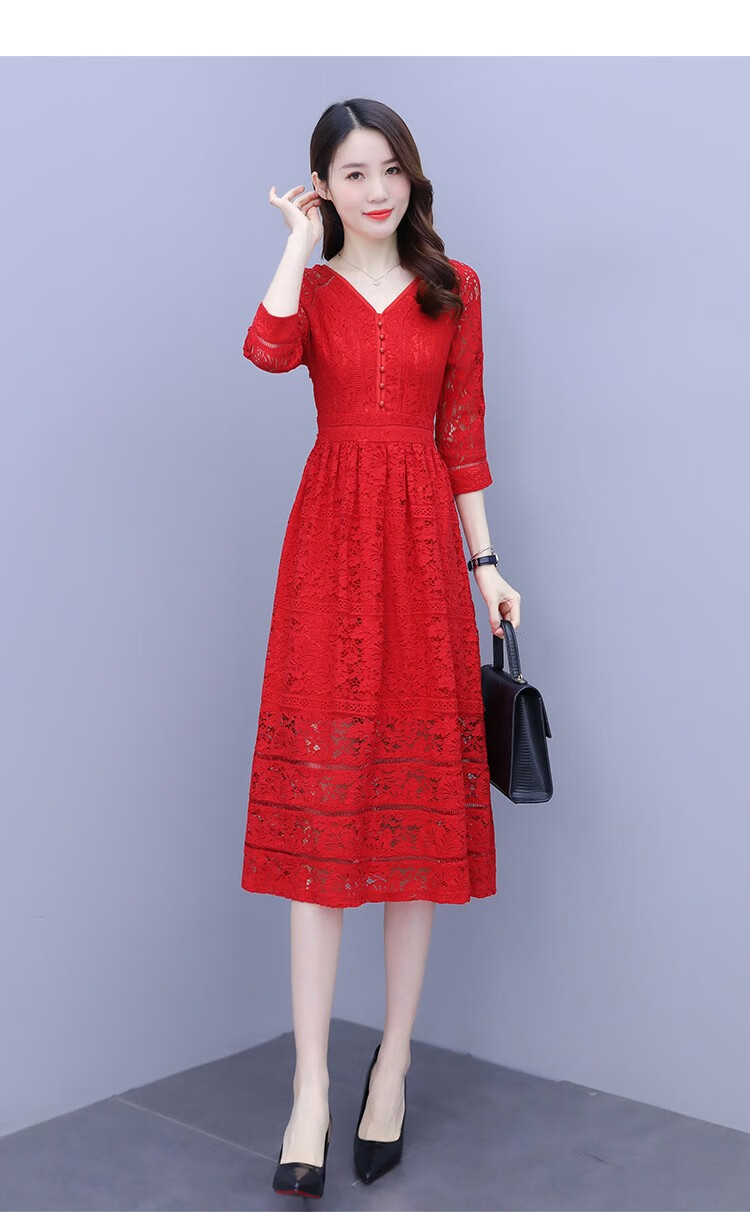 大码女装连衣裙显瘦2021春季女装韩版红裙子新娘礼服蕾丝红色连衣裙女