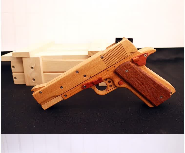 实木连发反推上膛打橡皮筋手枪儿童玩具发射软弹类木头枪m1911实木