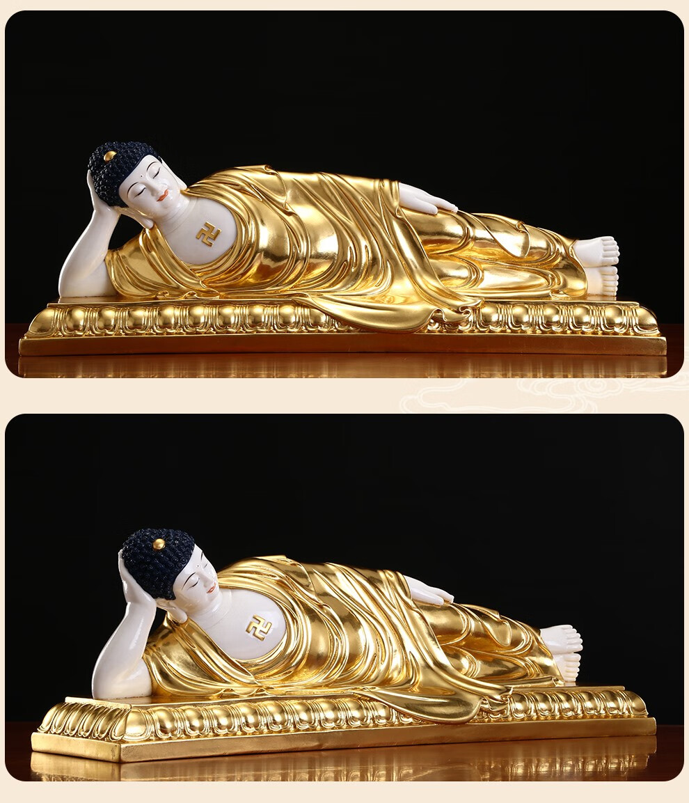 圆通佛具 汉白玉佛像 供奉金镶玉睡佛卧佛像 摆件释迦牟尼佛涅盘像
