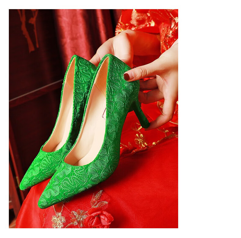 奈驷 绿鞋婚鞋女绿色中式结婚鞋子粗跟细跟新娘鞋孕妇低跟秀禾单鞋