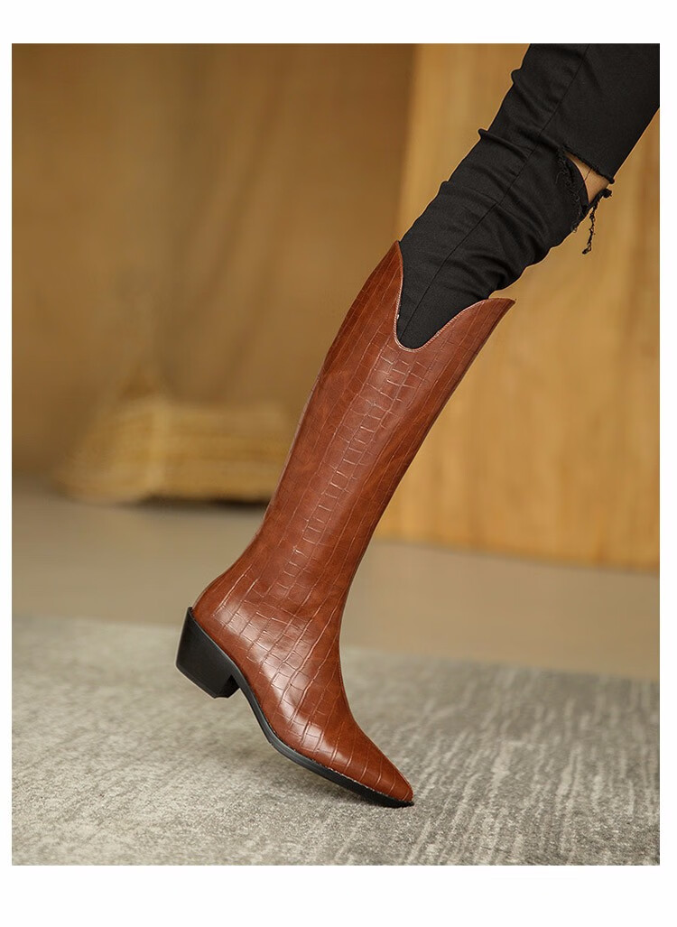 hlenden品牌不过膝靴女棕色压花v口高筒靴粗跟尖头骑士靴高跟长筒西部