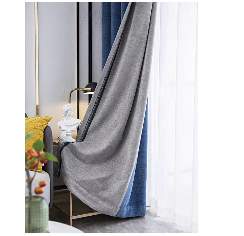 三巧 加厚双面羊绒雪尼尔无缝拼接带提花立边窗帘 北欧新中式客厅卧室