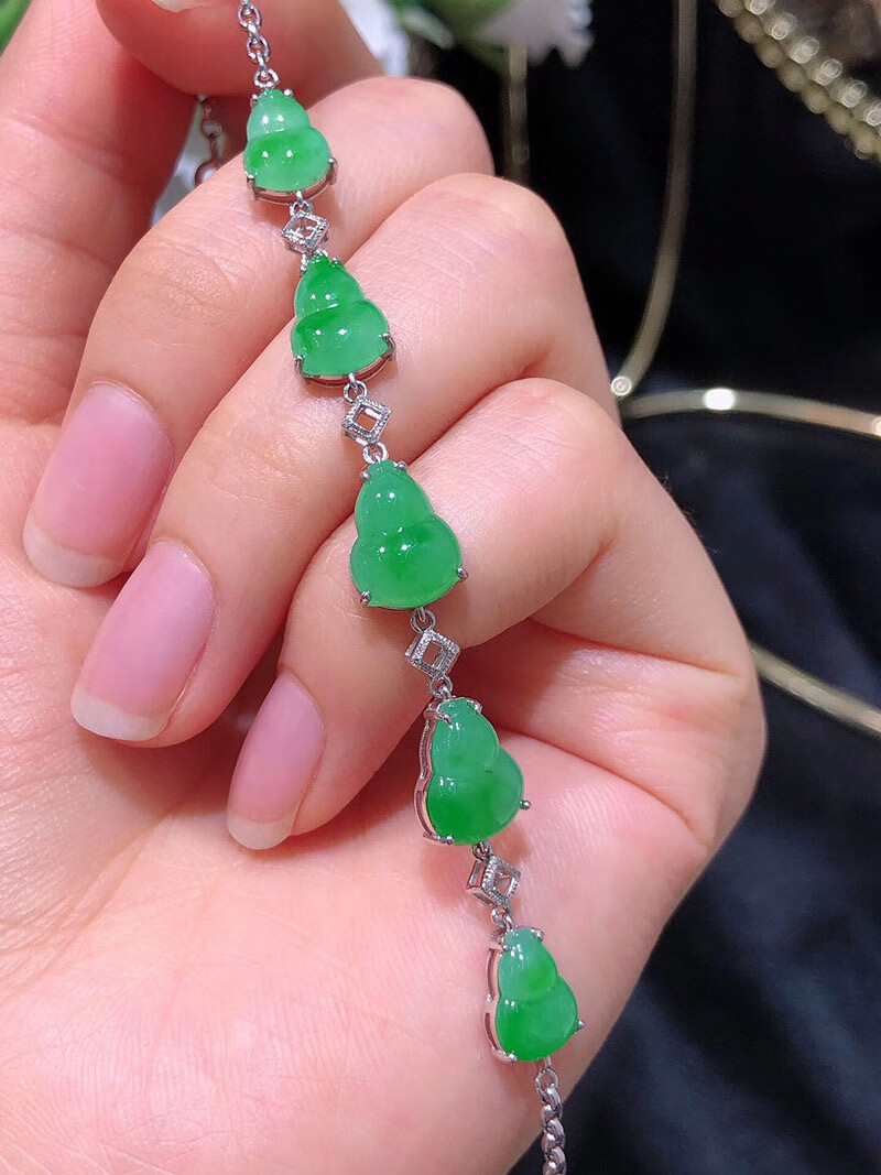 绿翠天成 女士翡翠阳绿葫芦手链 18k金镶嵌缅甸天然a货翡翠玉石手串