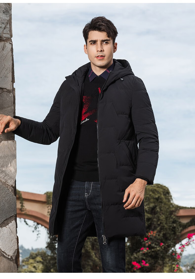 爱登堡冬季新品加绒加厚羽绒服男中长款连帽保暖青年外套黑色185xxxl