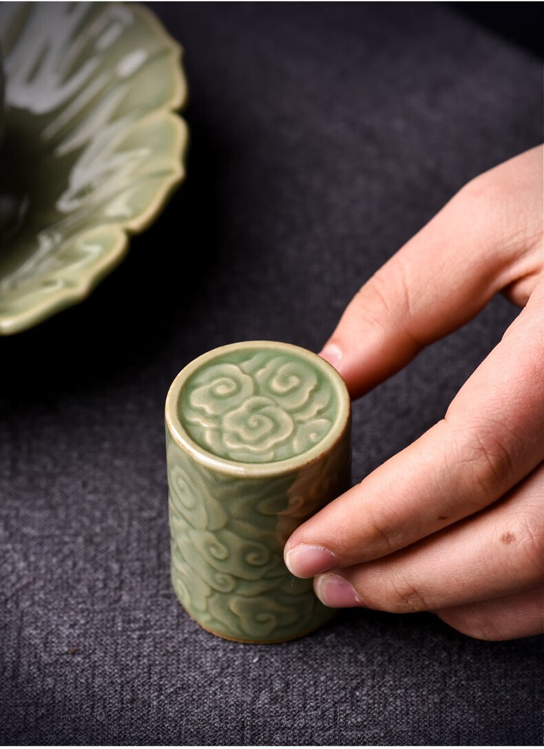 雅轾茗品浮雕祥云盖置复古茶壶盖碗托创意青瓷茶台盖摆件茶道家用茶具