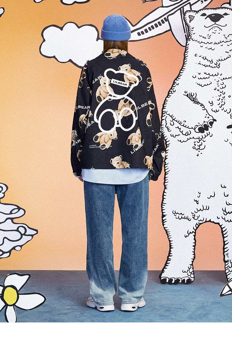 lilbear小熊夹克男2020年秋冬新款满印外套宽松休闲中性衣服潮 蓝色 l