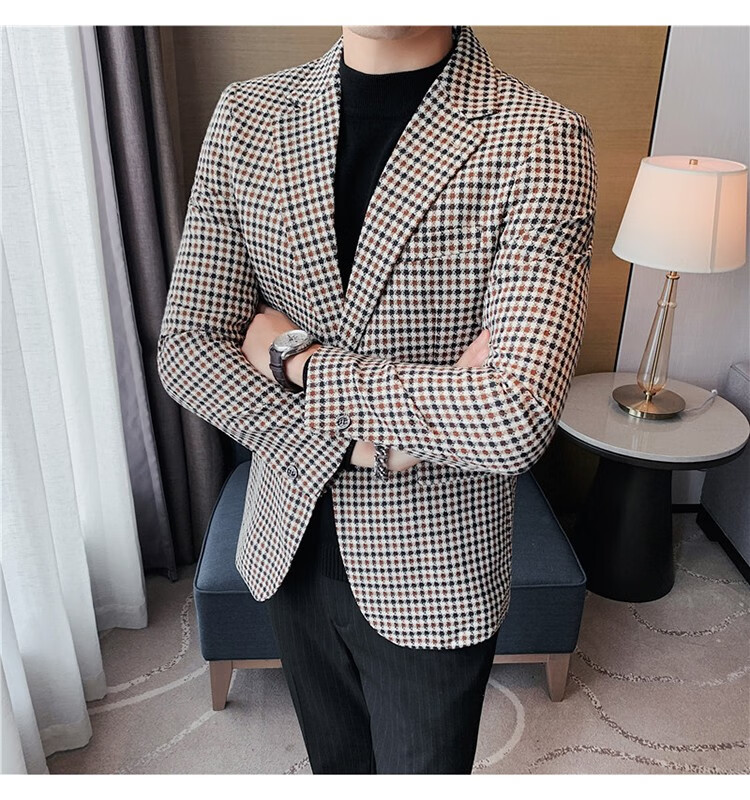 sirouaogo品牌小西装外套男春秋款千鸟格单西潮流修身男士休闲西服