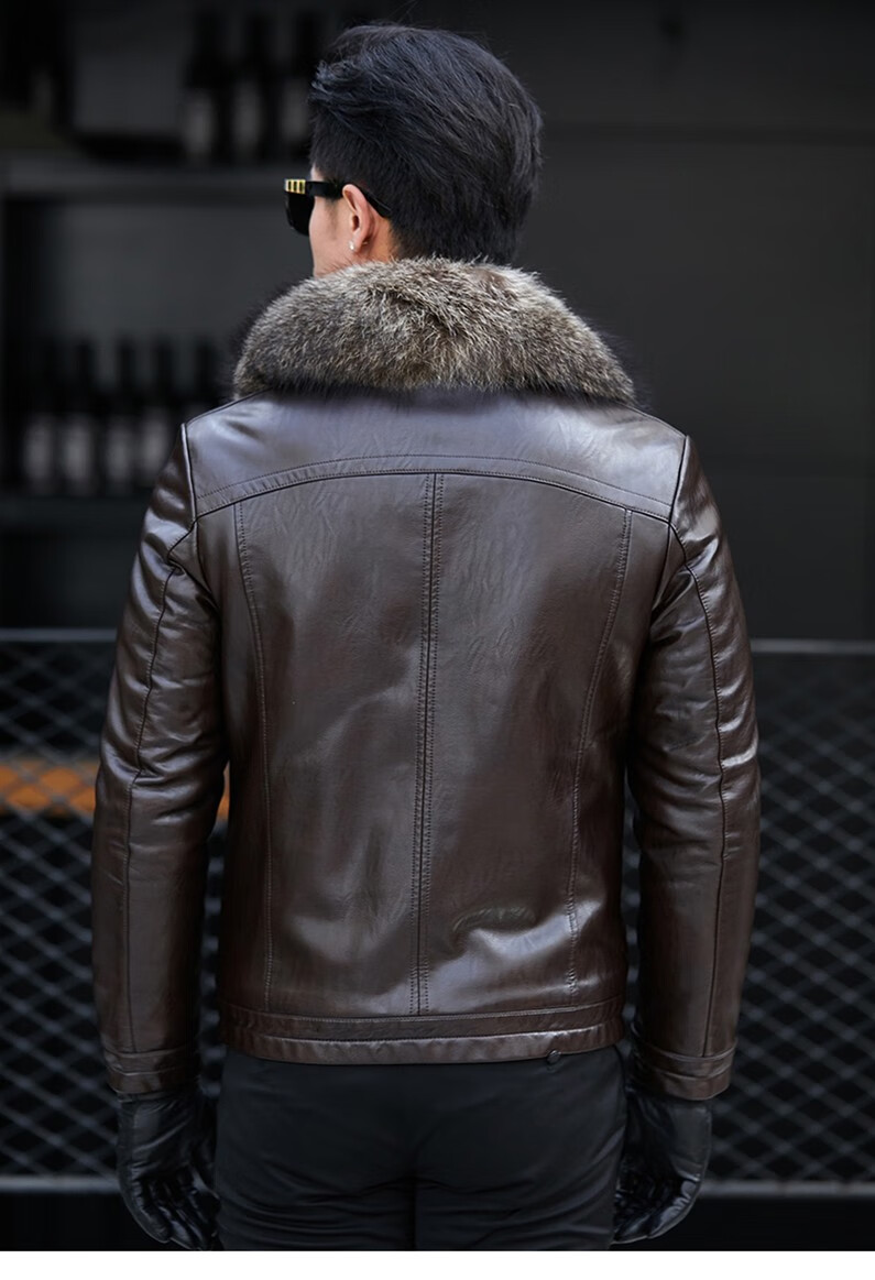 meloban海宁真皮皮衣男冬款大码貉子毛领青年皮毛一体男装皮草真皮