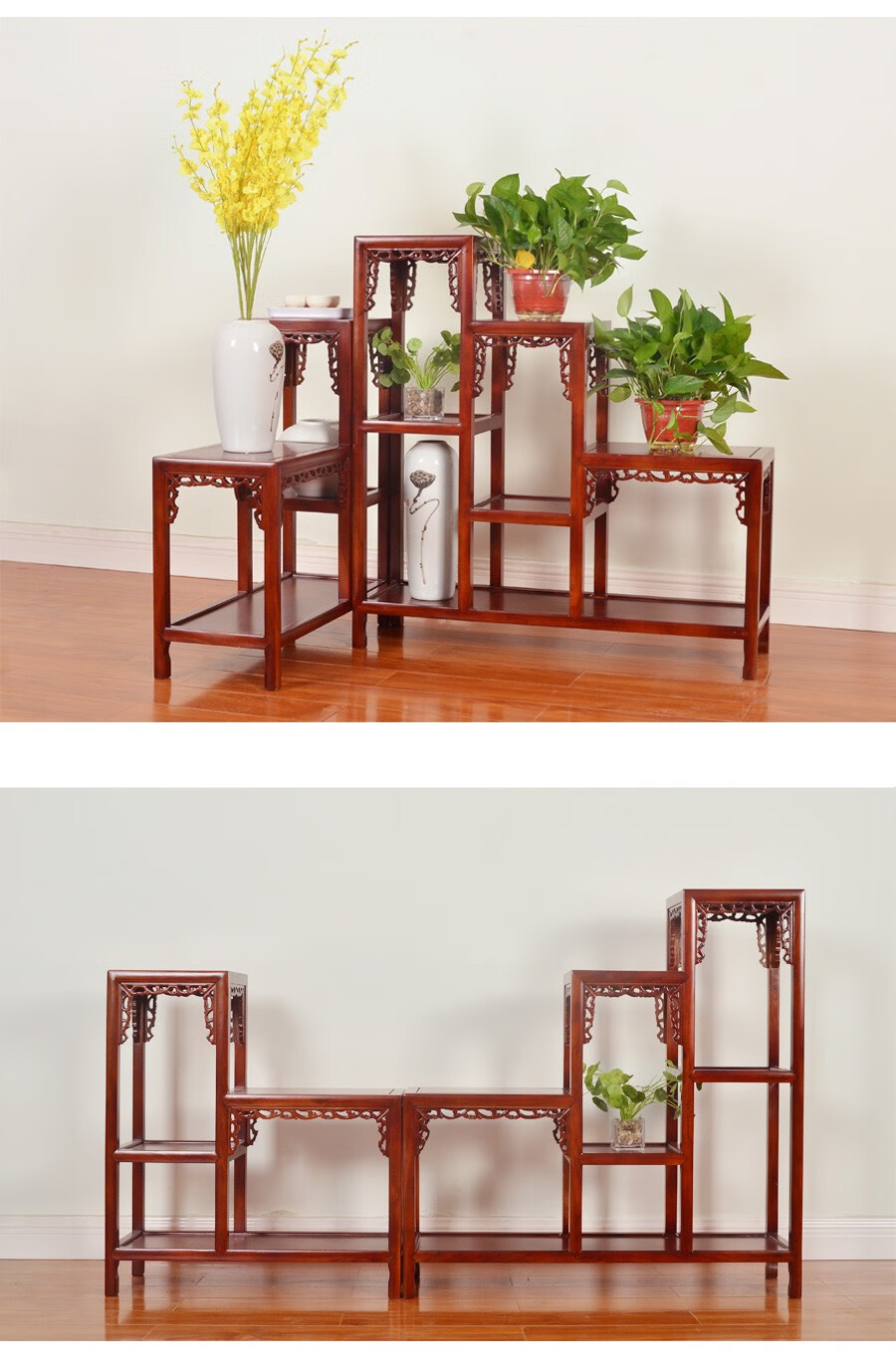 联体榆木室内奇石盆景鱼缸古董架工艺品架子电视柜边几二连体栗子红色