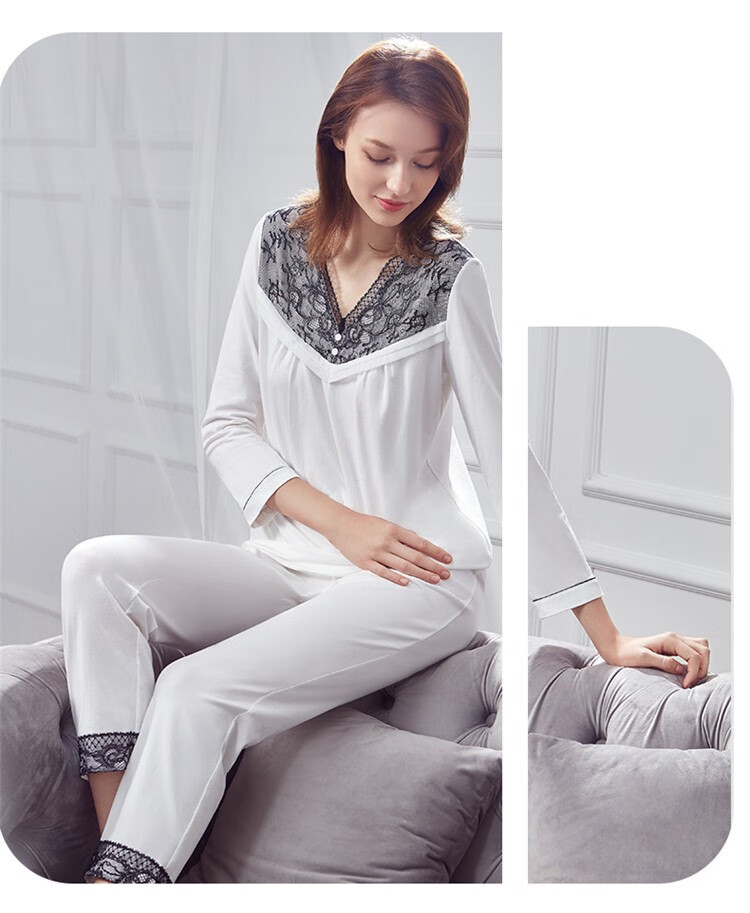 商场同款伊维斯v领套头长袖两件套家居服套装女睡衣010白色l16592a