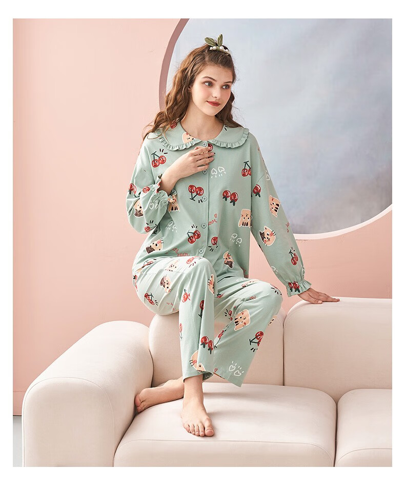 秋鹿睡衣女可爱娃娃领春秋喇叭长袖纯棉甜美公主风家居服套装豆沙粉85