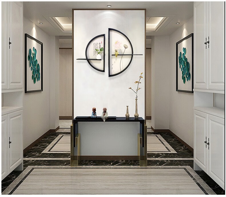 新中式半圆形装饰画玄关挂画双联壁画餐厅过道荷花水墨创意入户画荷花