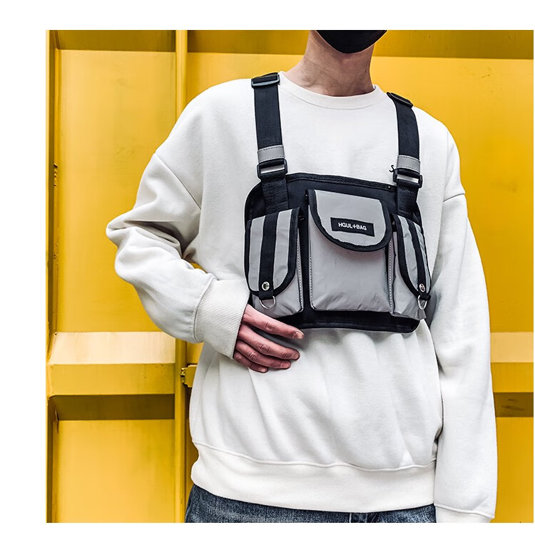 仓梵潮酷战术背心包街头机能反光胸包ins潮流嘻哈男女马甲式胸包紫灰