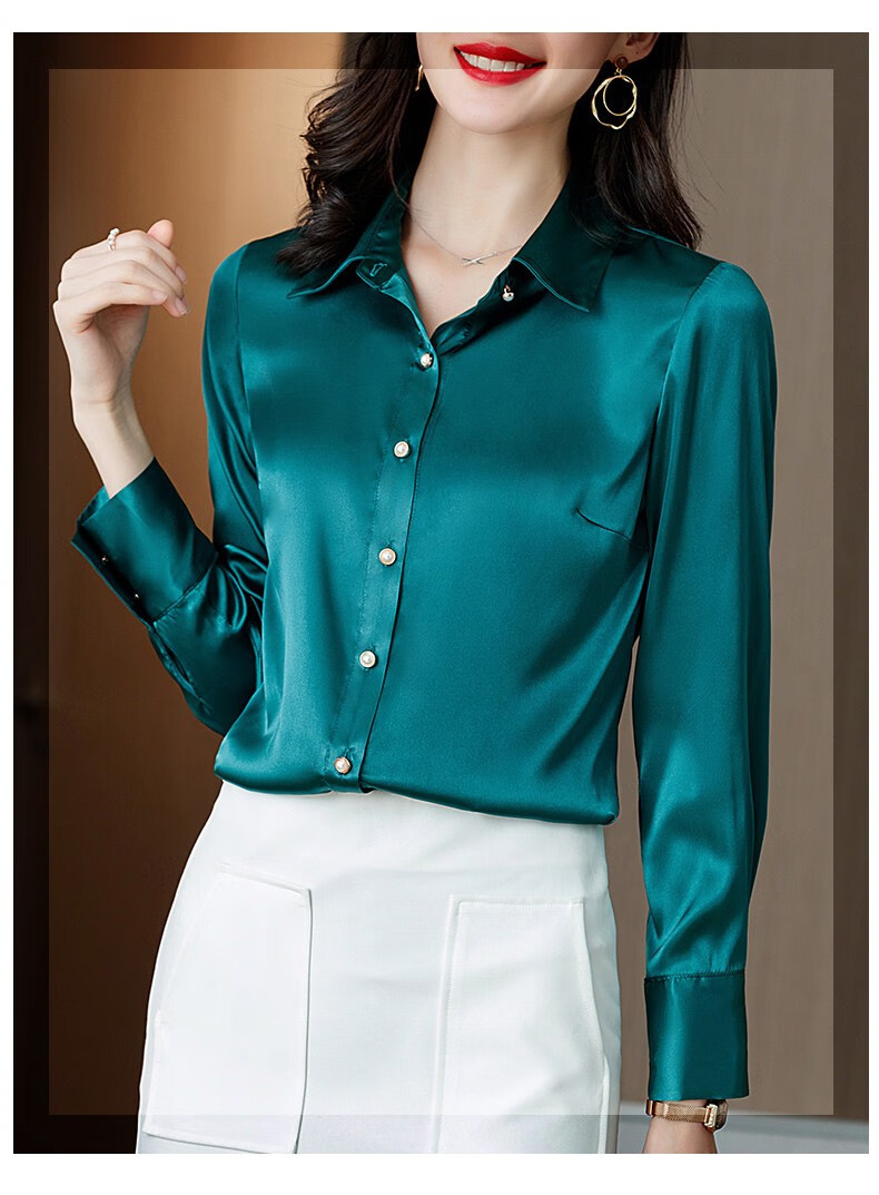 慕美意品牌重磅真丝衬衫女春夏季新款时尚桑蚕丝翻领上衣宽松长袖套头