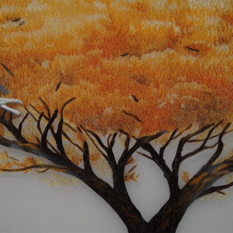 唯艺思佳 三联苏绣错针绣刺绣黄金树沙发背景墙酒店过道走廊装饰画纯