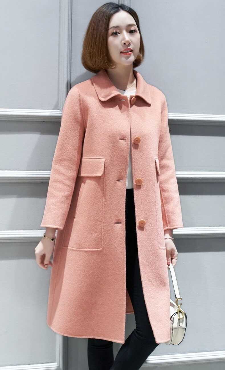 珂曼苏品牌女装年双面呢大衣毛呢子尼外套妮子中长小个子女装玫粉色l