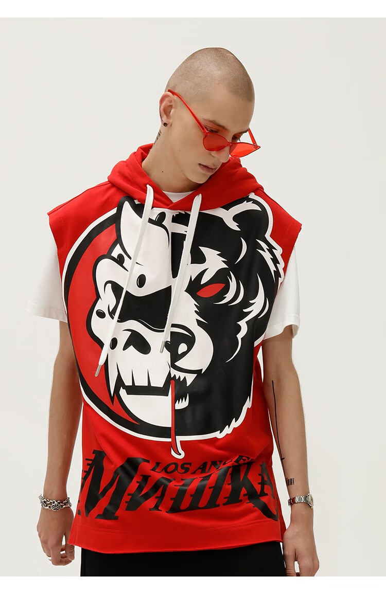mishkanyc大眼球熊头印花连帽背心马甲美潮男款19ss红色红色s