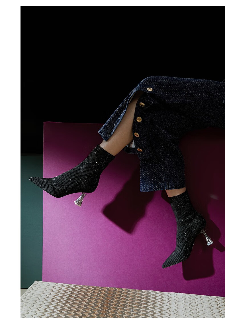 73hours女鞋after party冬季新款水晶高跟闪钻小裸靴瘦