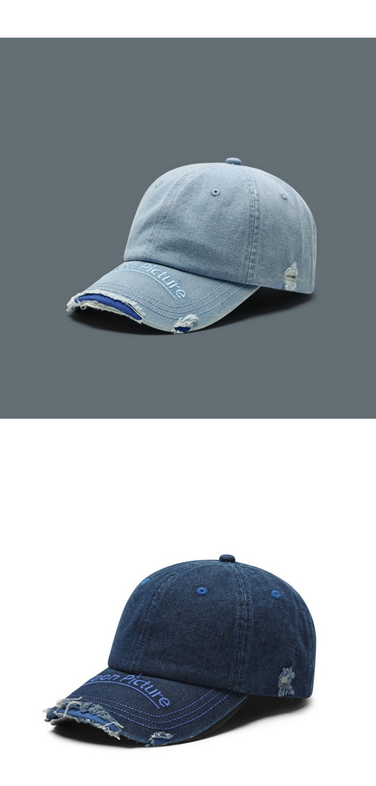 yunsijun 品牌韩版牛仔磨边破洞鸭舌帽潮男士复古帽檐刺绣棒球帽软顶
