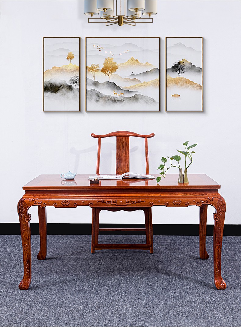 寻古红木家具缅甸花梨(学名:大果紫檀)书桌实木新中式书房学习桌书法