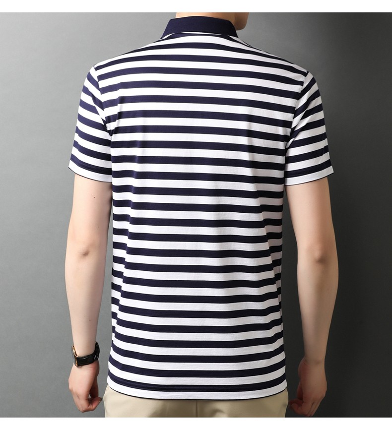 恒源祥桑蚕丝短袖t恤男夏季新款中年男士翻领宽松条纹冰丝polo体恤衫