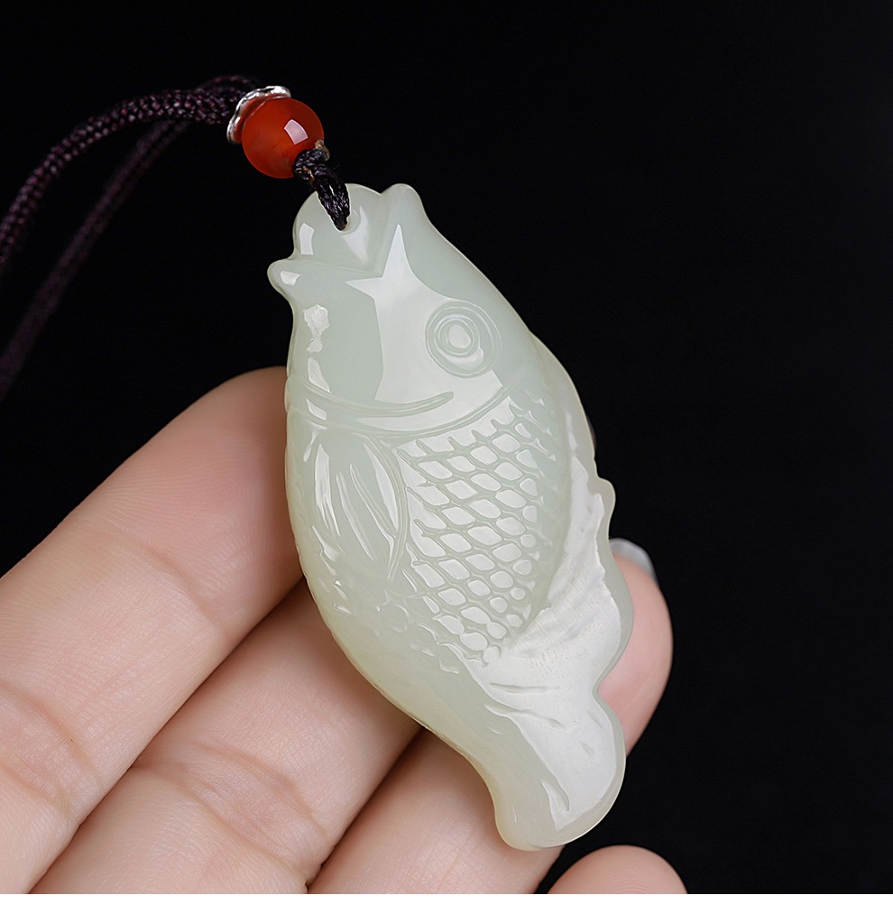 月石缘和田玉白玉连年有鱼吊坠天然玉石金鱼挂件可爱小鱼玉佩男女款饰