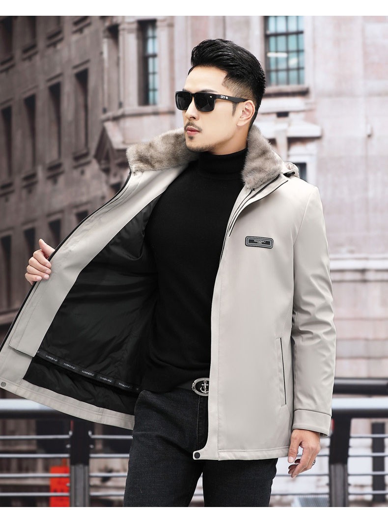 欧迪鸟品牌男装派克服男中长款加厚保暖獭兔毛皮内胆连帽时尚水貂毛领