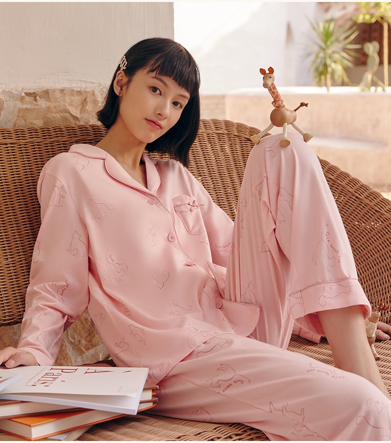 三枪睡衣女水柔棉新疆棉卡通印花经典翻领长袖长裤女家居服套装商场