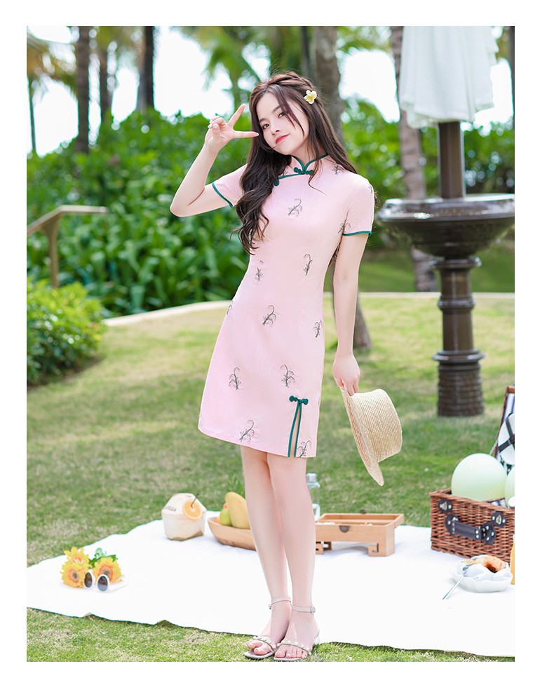 彪文旗袍连衣裙夏季夏装改良款旗袍裙女少女修身显瘦包边年轻款黄色xl