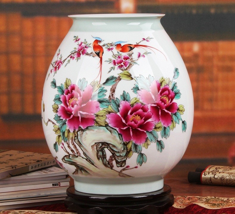景德镇陶瓷器花瓶 高档礼品瓷手绘粉彩牡丹喜鹊花瓶【图片 价格 品牌