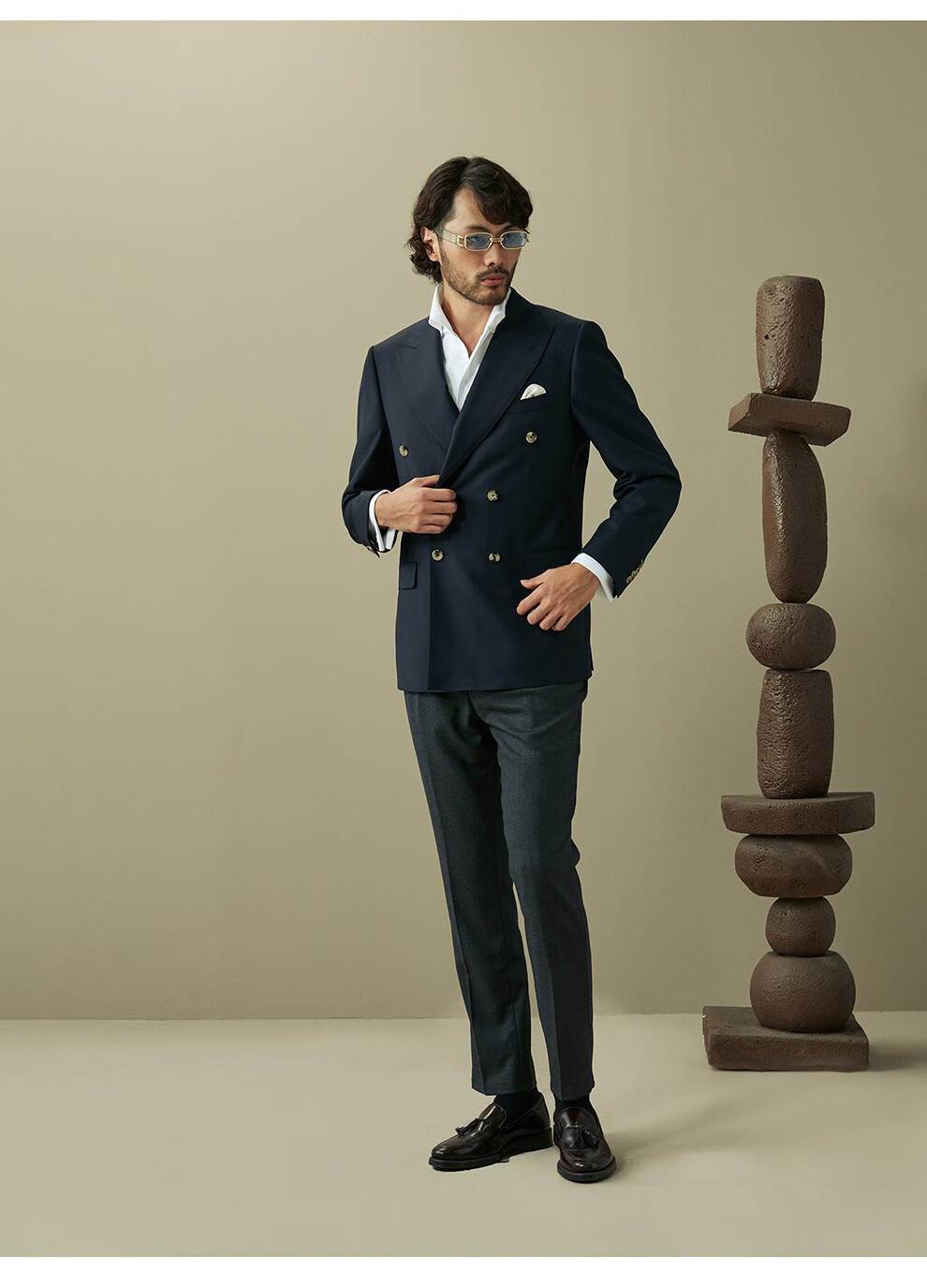 hany布雷泽高纱支羊毛西服男上衣双排扣商务休闲男士高端西装单西格莱