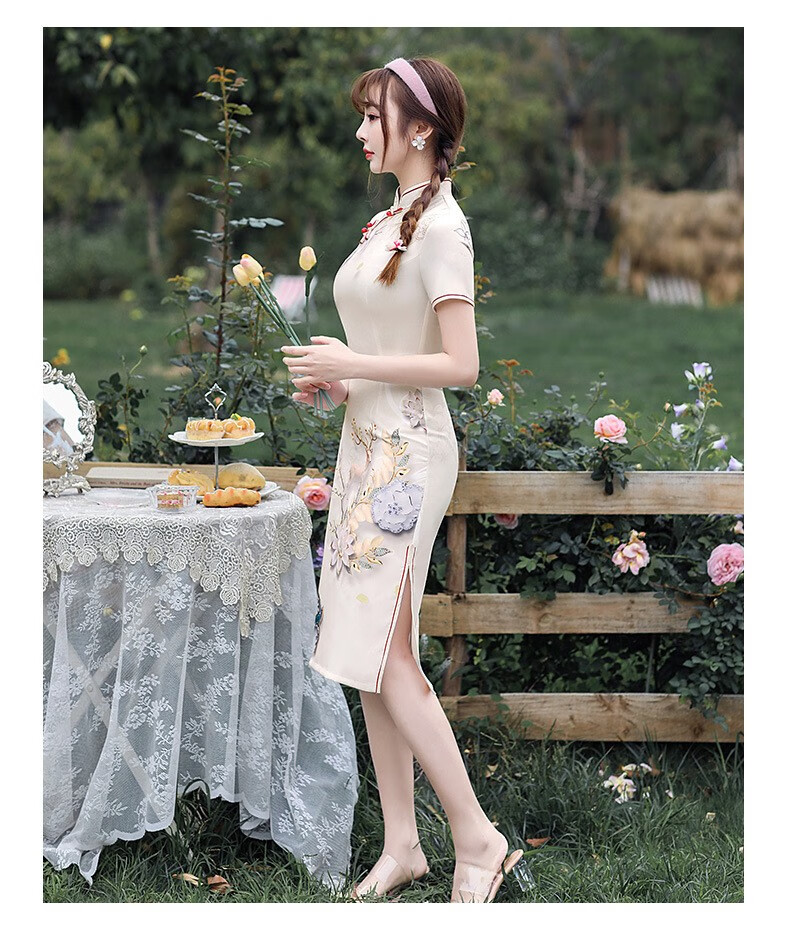 款旗袍裙礼服夏季短袖连衣裙中年新款妈妈改良夏装团服年轻款复古少女