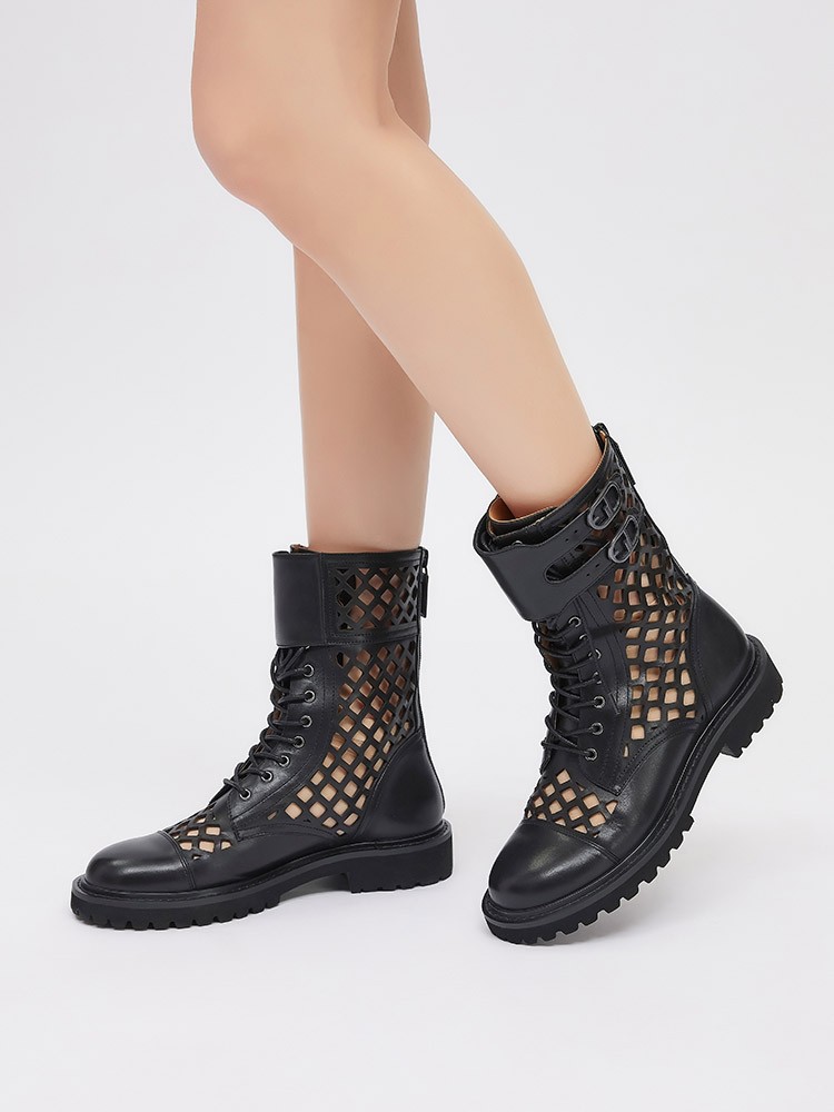 哥弟女鞋2021秋季新款牛皮镂空中筒后拉链马丁靴女机车靴ax15134 黑