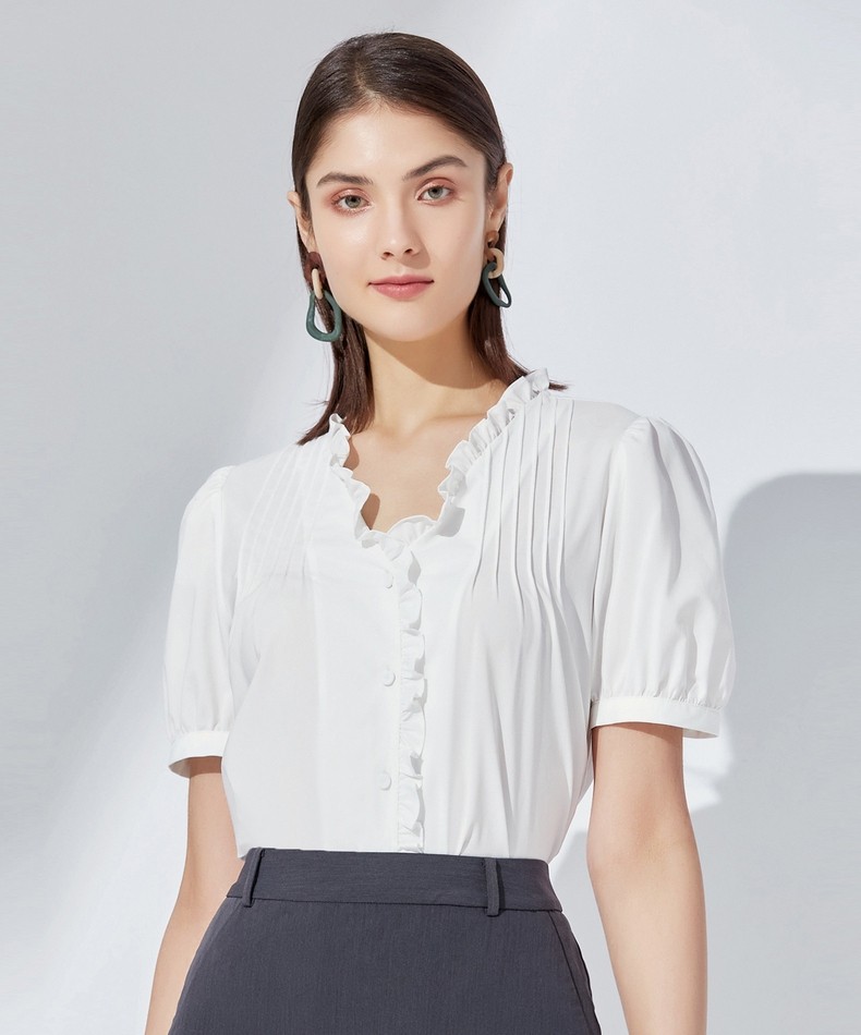 g2000女装春夏新款休闲荷叶花边v领轻薄柔滑短袖衬衫甜美上衣11748002