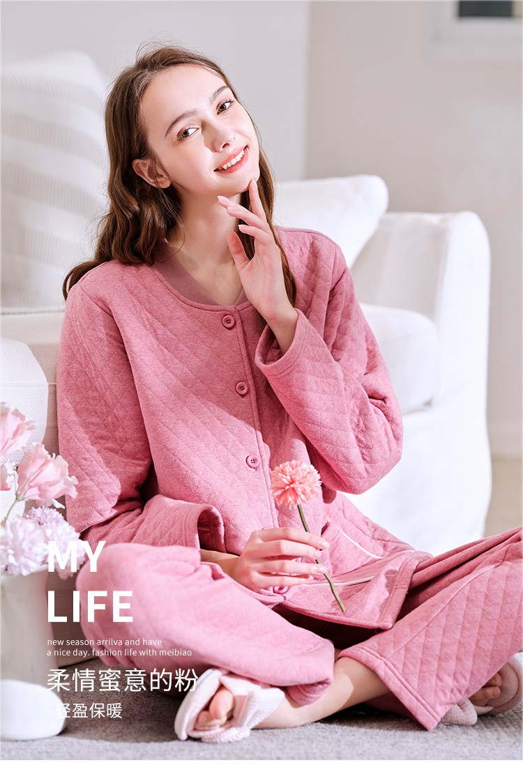 商场同款美标三层加厚夹棉睡衣套装女秋冬季保暖全棉可外穿夹层纯棉