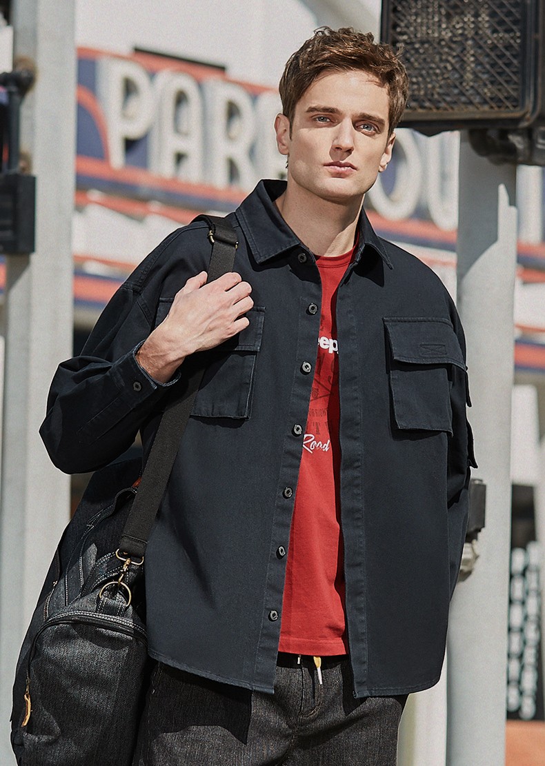 jeep/吉普男装2021春季新品长袖衬衫男简约纯色潮流衬衣男宽松工装