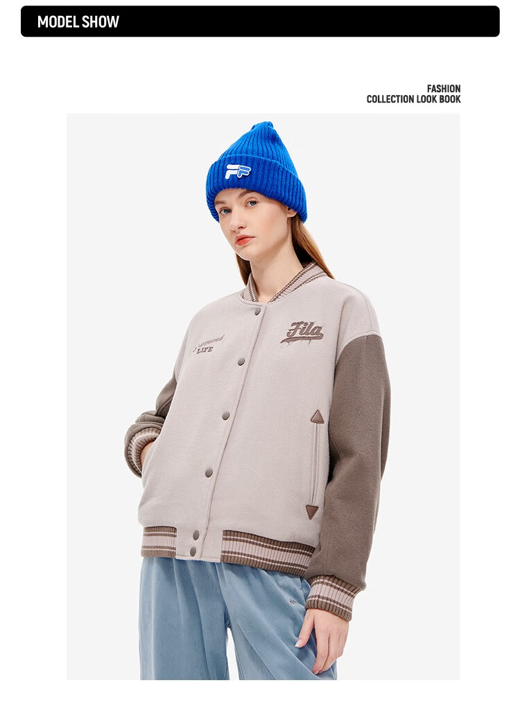 fila fusion斐乐潮牌女子梭织外套2022冬新款时尚宽松棒球领上衣 纽萃