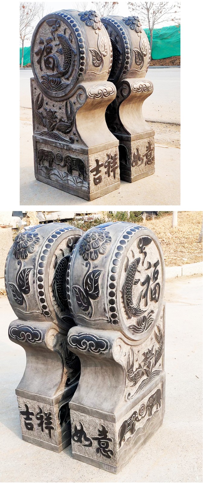 千城御景仿古门墩大理石雕刻福鱼石鼓抱鼓石一对大门口摆件富鱼石头可
