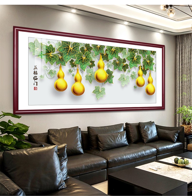 国画福禄寿图五福临门横版挂画葫芦图案客厅装饰画沙发背景墙壁画新