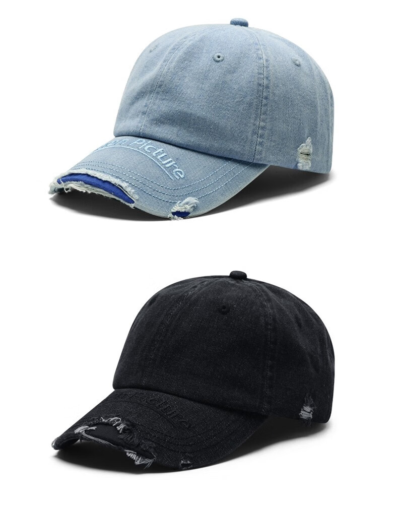 yunsijun 品牌韩版牛仔磨边破洞鸭舌帽潮男士复古帽檐刺绣棒球帽软顶