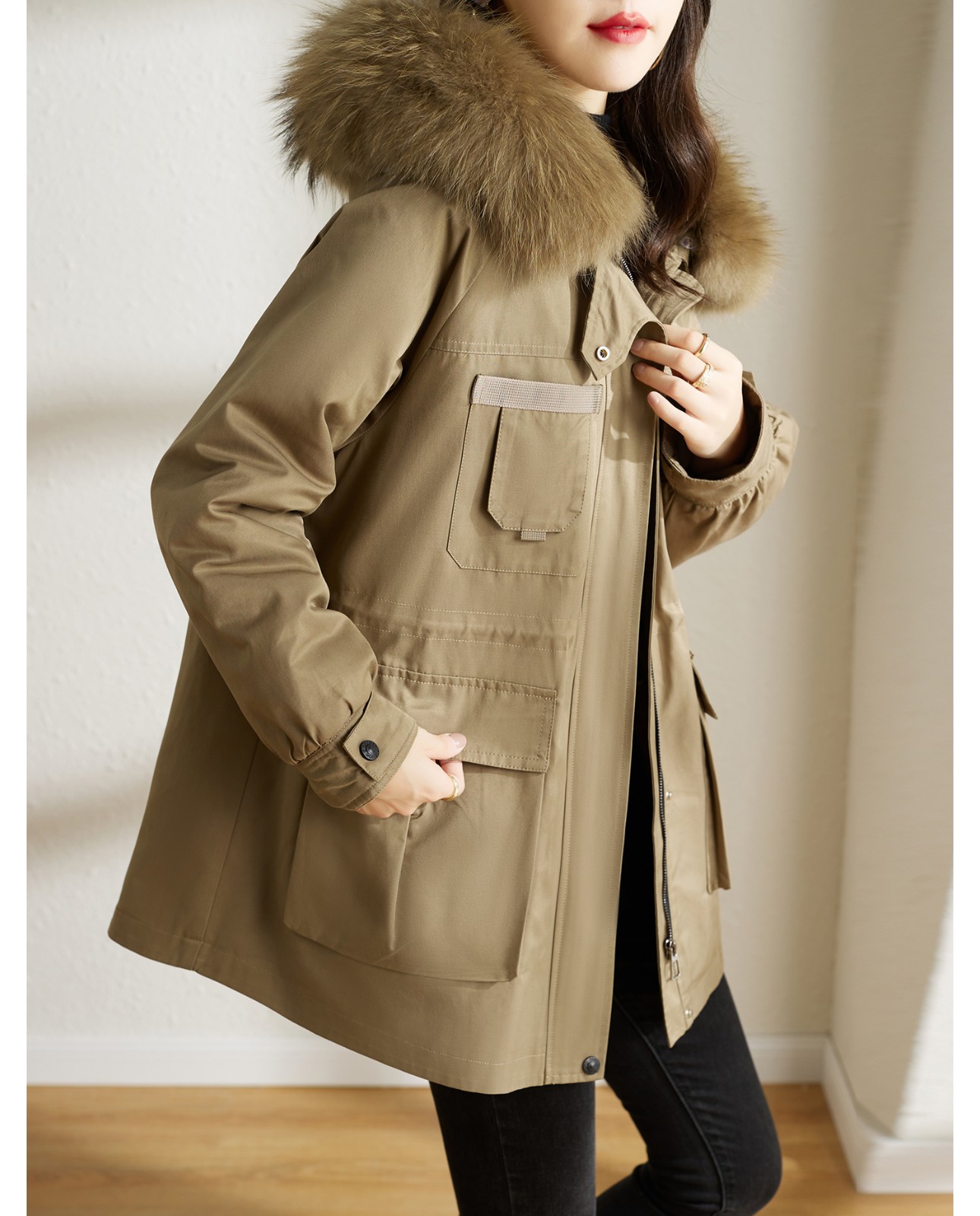 歌珀莱品牌女装小个子派克服女冬季皮草仿獭兔毛内胆2021新款加厚中长