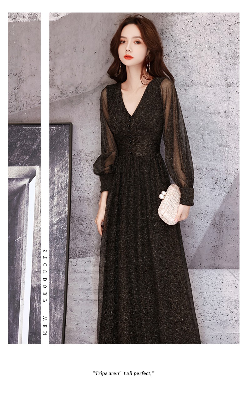 etex轻奢品牌高端晚礼服裙女2021新款名媛气质黑色宴会主持人礼服长袖