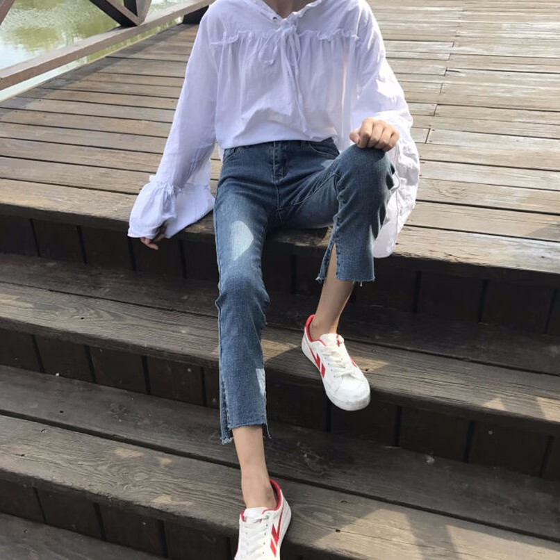 牛仔裤女微喇叭春秋新款韩版直筒破洞九分裤高腰显瘦学生黑色25码7085